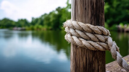 Mooring rope tied on dock pole. nautical equipment and marine safety symbol