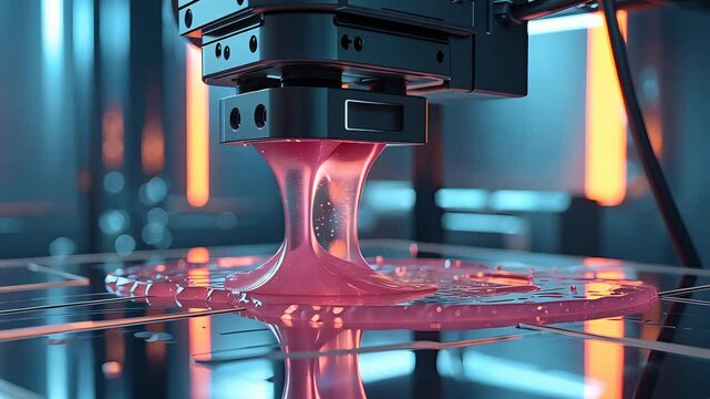 Close-up of industrial 3D printer extruding glossy pink resin onto transparent platform inside futuristic high-tech manufacturing facility

