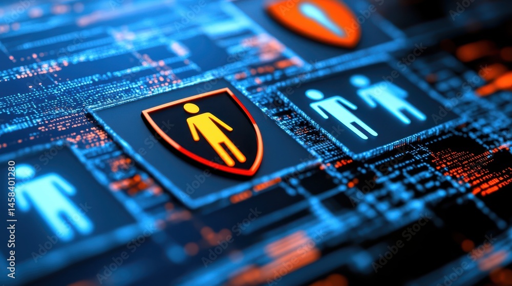 Poster shining silver shield on computer screen, symbolizing digital security and data protection in the mo