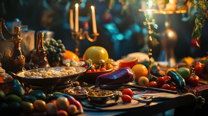 Fruit table centerpiece with candles and wine in rich dramatic festive still life celebration scene