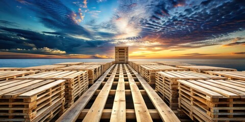 Fototapeta premium Wooden pallets stretching out to infinity as they meet the horizon, creating a sense of depth and endless possibility