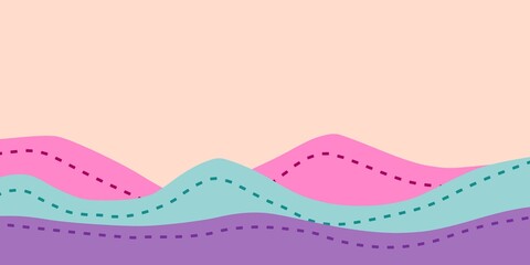 A layered illustration of waves in purple, light blue, and pink, decorated with dotted lines on a pink background.