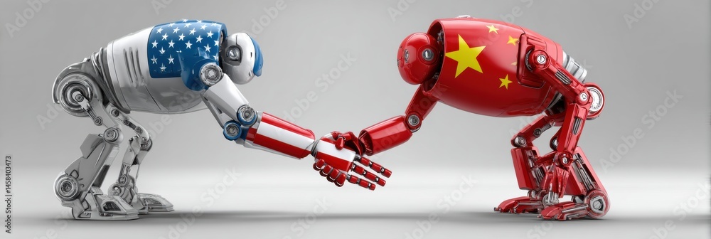 Poster robots with us and chinese designs interact in a symbolic handshake showcasing global technological 