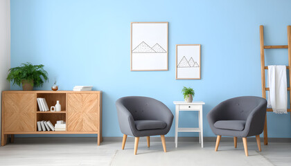 Cozy living room interior design inspiration bright blue walls modern furniture comfortable environment stylish viewpoint