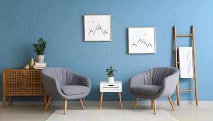 Cozy living room with stylish chairs modern home interior design tranquil environment eye-level view comfortable ambiance