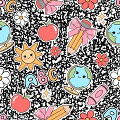 Back To School Composition Book Seamless Pattern Retro Teacher Coquette Pencil Bows Digital Paper Background 