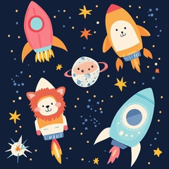 Cartoon Space Animals in Rocket Ships - Fun Vector Illustration for Kids