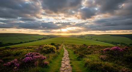 Obraz premium Hiking Trail Through Green Hills at Sunset with Dramatic Sky