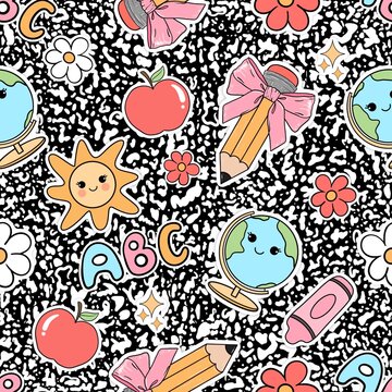 Back To School Composition Book Seamless Pattern Retro Teacher Coquette Pencil Bows Digital Paper Background 