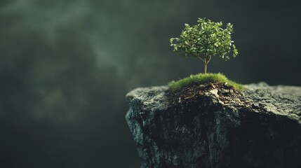 Tiny tree growing on mountain cliff symbol of nature strength balance eco concept isolated growth scene