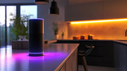 A voice assistant speaker on a modern kitchen counter with ambient lighting