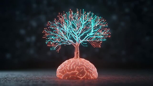 Digital tree growing from illuminated brain