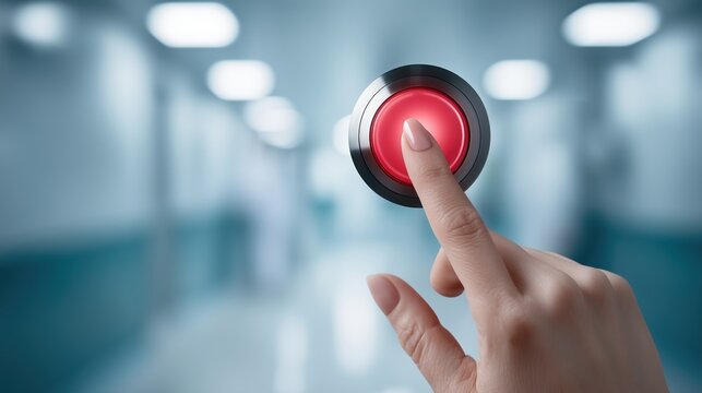 Finger pressing red emergency button. safety and alert feature in clinical setting