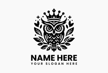 Elegant black and white illustration of an owl with a crown, surrounded by decorative leaves in a symmetrical design. Bird concept
