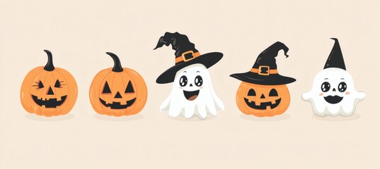 Playful Halloween illustration with cartoon ghosts pumpkins and witch hat on beige background for spooky holiday graphics
