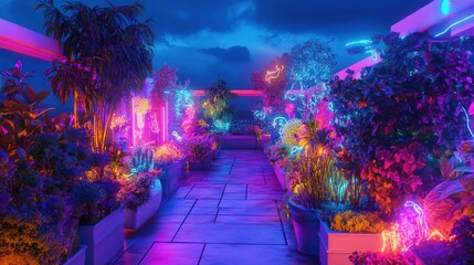 Neon-lit rooftop garden pathway at twilight.