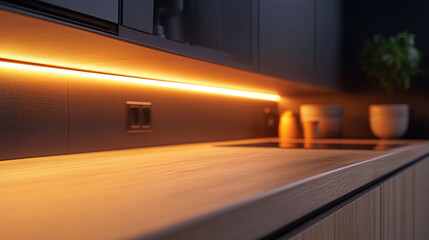 Glowing LED strip under kitchen cabinets reacting to voice commands