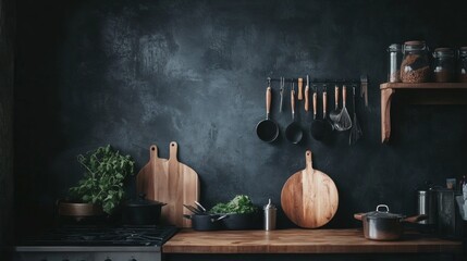 Dark rustic kitchen wall with wooden utensils moody interior cooking tools vintage home design scene
