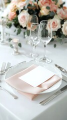 Fototapeta premium Elegant wedding table setting with blank card and pink napkin