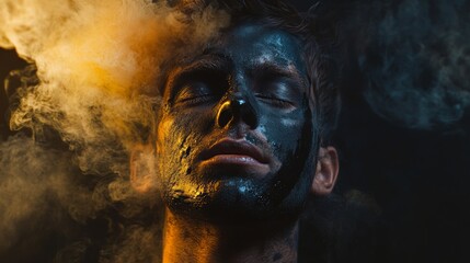 Obraz premium Portrait of man with painted face and smoke dramatic expression conceptual dark surreal emotion scene character