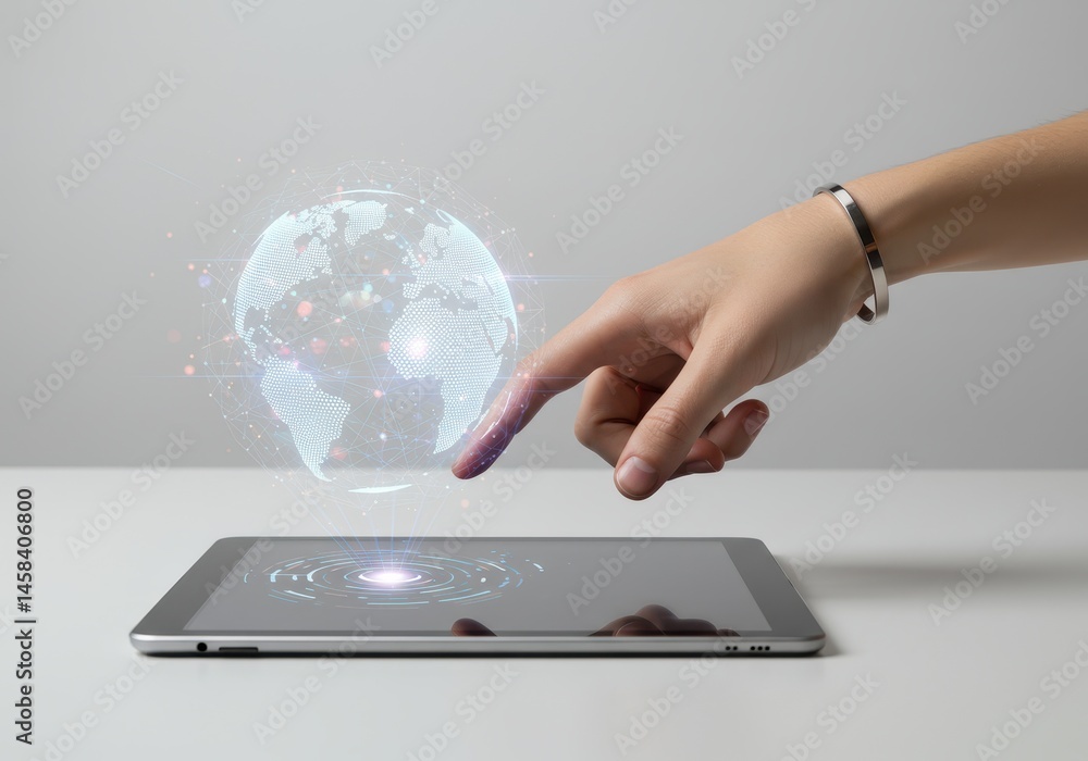 Poster digital world global network technology futuristic interactive tablet screen hand touch data modern