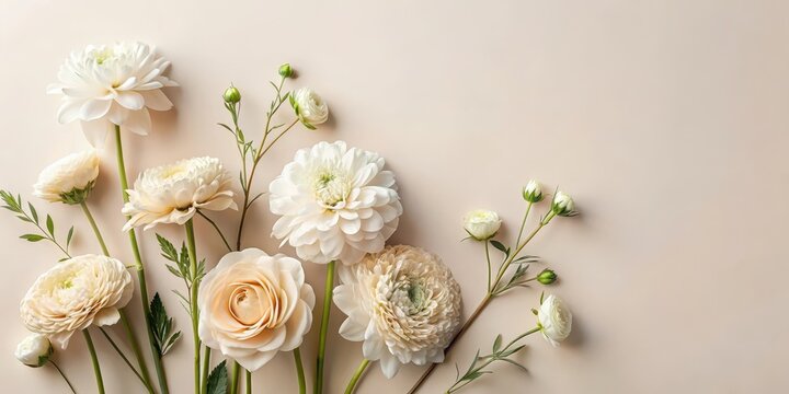 Delicate cream-colored blooms are arranged in a modern and contemporary style, creating an elegant floral composition with clean lines and minimalism, botanical, minimalist