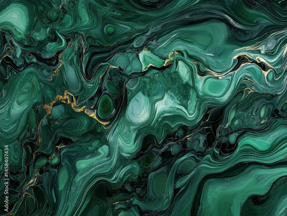 Poster emerald swirls with gold: an abstract art piece features mesmerizing swirls and waves of vibrant eme
