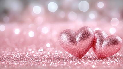 Fototapeta premium Romantic Pink Hearts on Glittering Background
