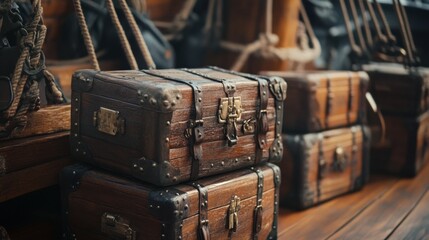 Vintage travel trunks stacked wood floor antique style luggage nostalgic adventure journey retro decor