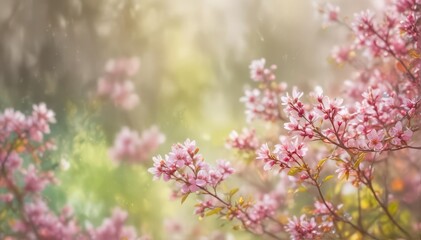 Blurred spring floral bokeh, asymmetrical spring bloom background, vibrant, illustration, abstract