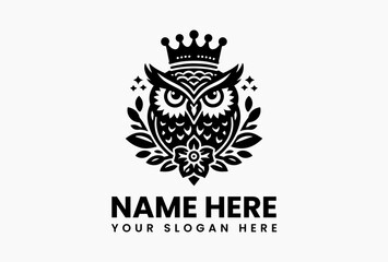 Cartoon owl with royal crown and surrounding leaves in symmetrical design, symbolizing wisdom, charm, and creativity in a playful vector illustration  