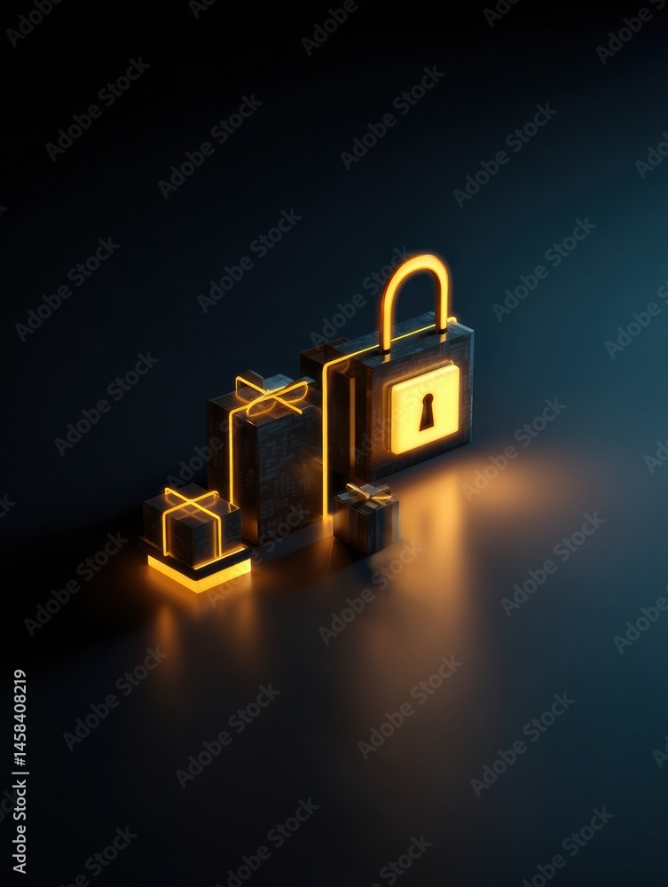 Poster secure online payment concept featuring glowing lock and package icons emphasizing digital safety an