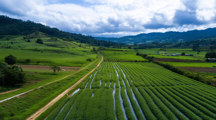 Fototapeta premium Wide view of automated irrigation lines stretching across a green vegetable farm, water evenly distributed, emphasizing precision agriculture and resource conservation