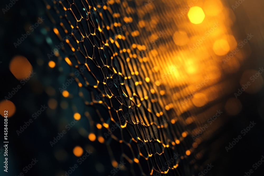 Poster network connection: a mesmerizing close-up of a futuristic network grid bathed in the warm glow of g