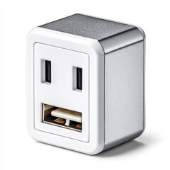 Silver and White Electrical Adapter with Two USB Ports on White Background
