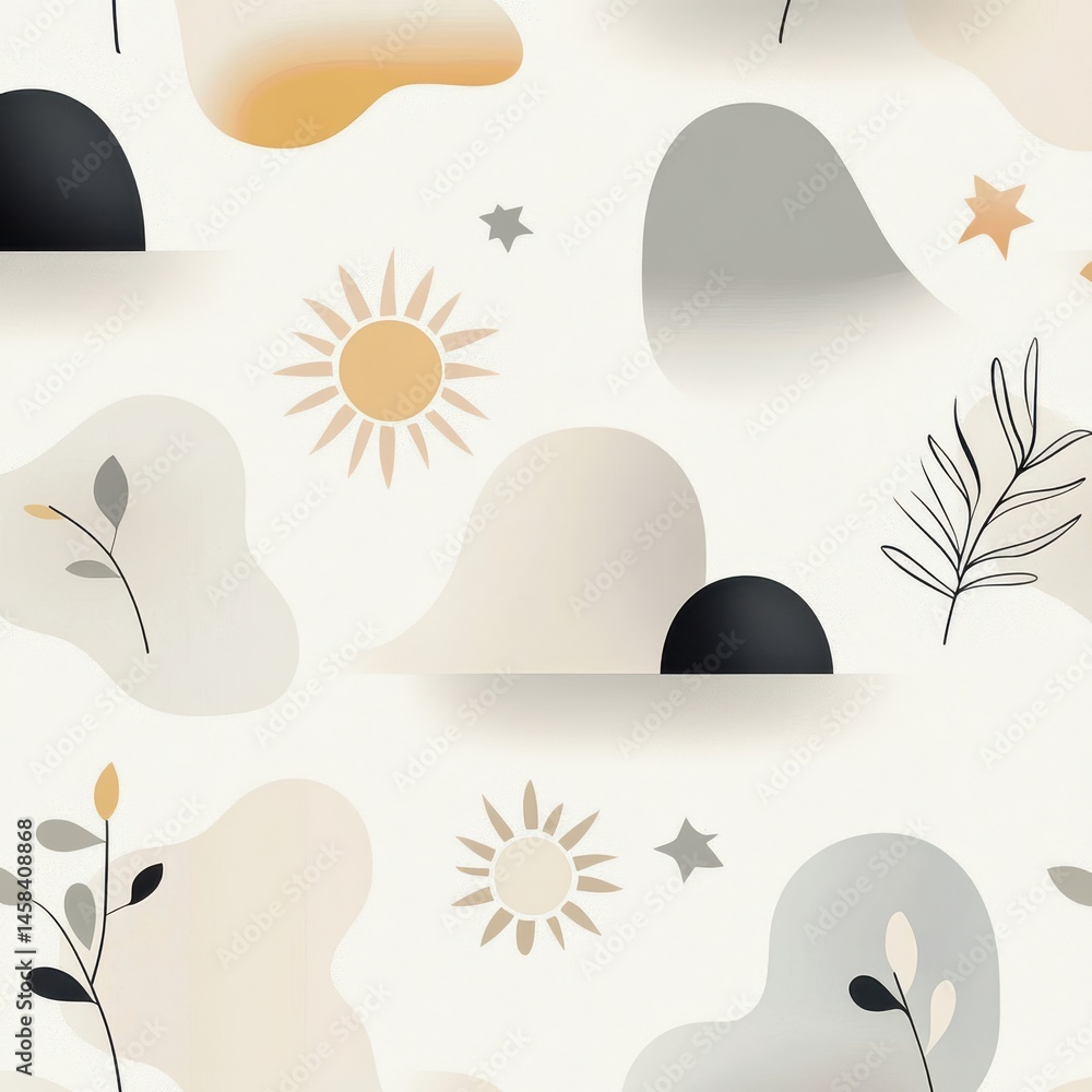 Poster playful abstract shapes and sun patterns minimalist background design clean aesthetic artistic envir