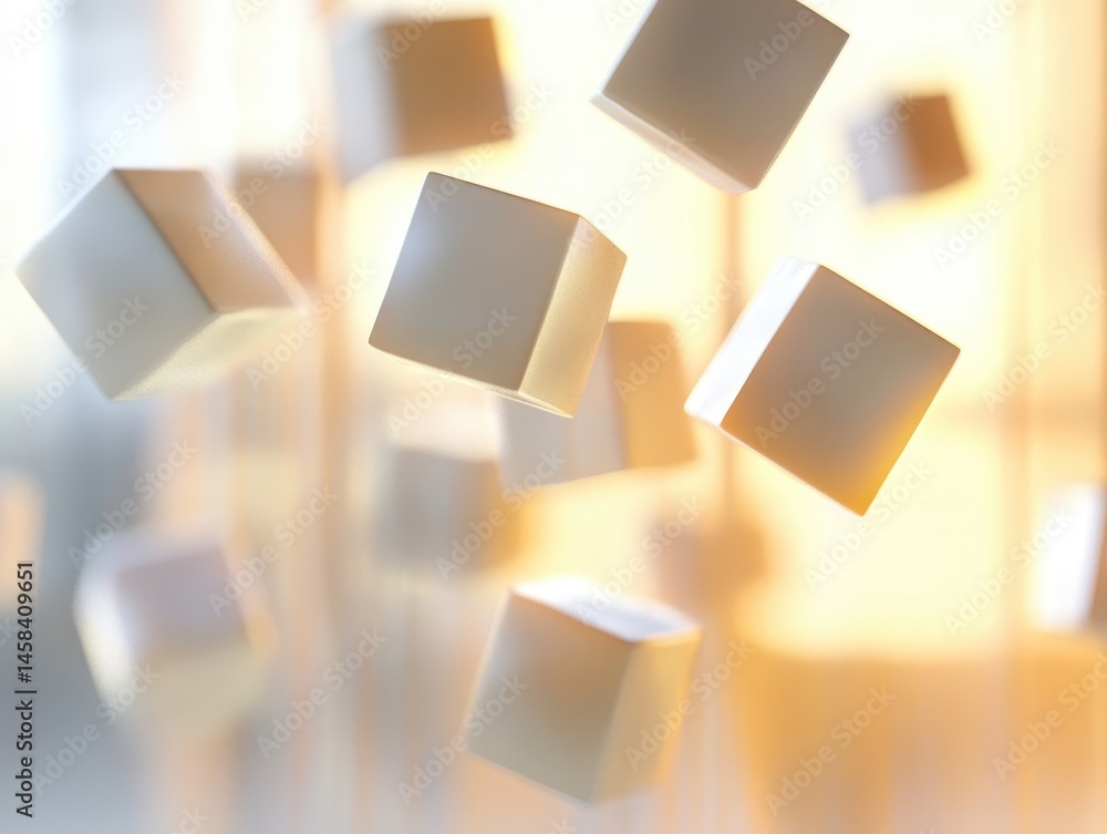 Poster levitating cubes: a dynamic composition of precisely-formed, solid cubes floats mid-air, their surfa