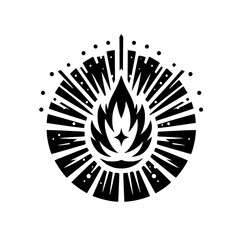 Abstract Black and White Emblem: Flame with Rays, Minimalist Design