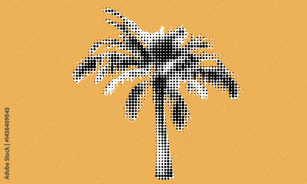 Poster vibrant halftone palm tree silhouette highlighting summer vibes in a warm yellow background