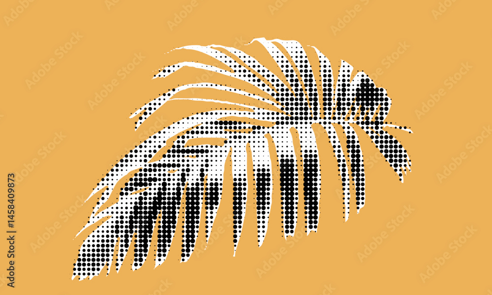 Poster conceptual exploration of halftone art featuring a tropical palm leaf on a vibrant background reflec