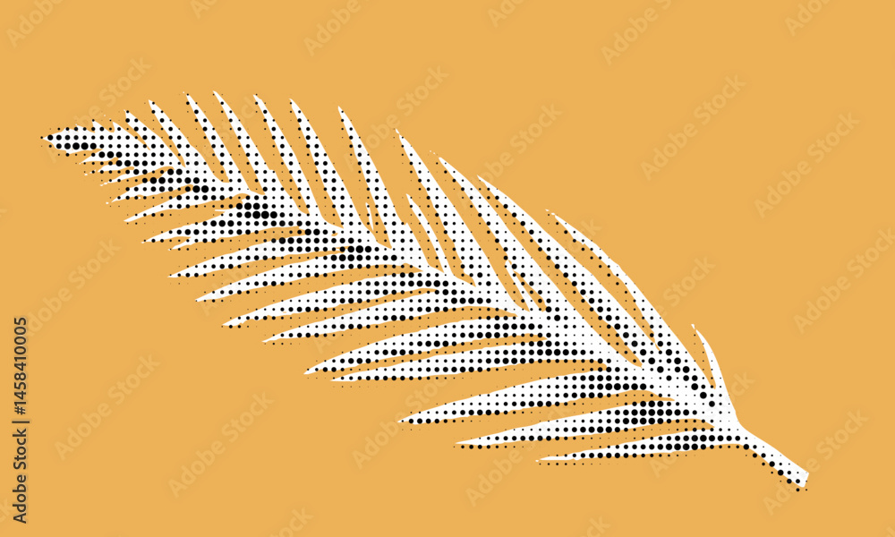 Poster contemporary design featuring a stylized palm leaf with a halftone effect on a warm background