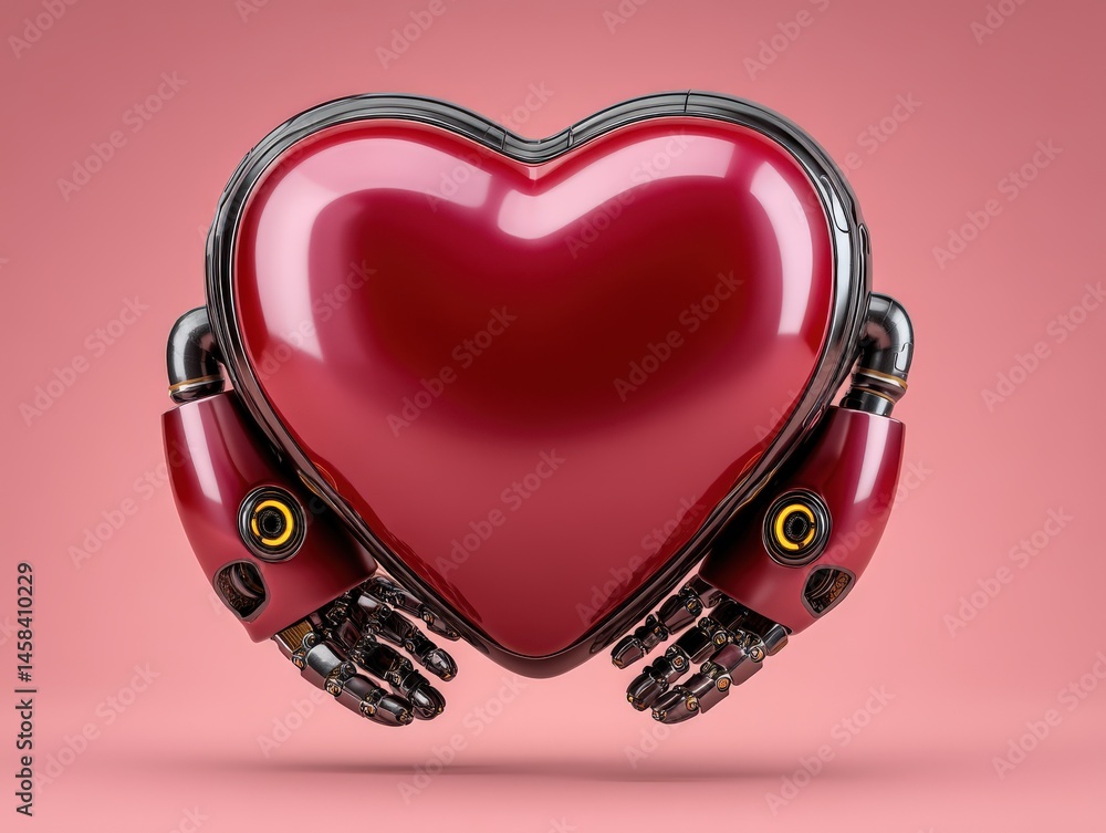 Poster robotic hands delicately cradling a shiny red heart symbolizing the fusion of technology and emotion