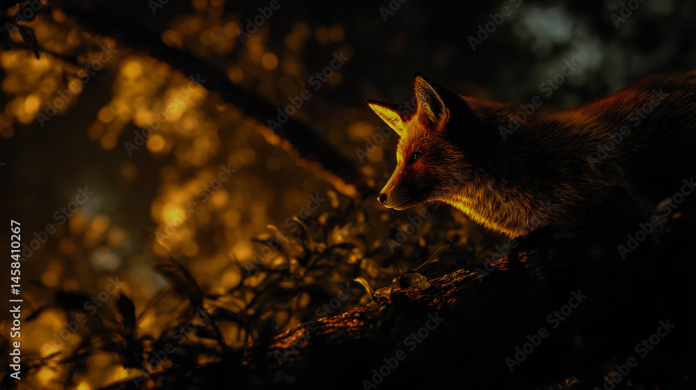 Poster illuminated dodger perched on a tree branch in a forest canopy glowing softly.