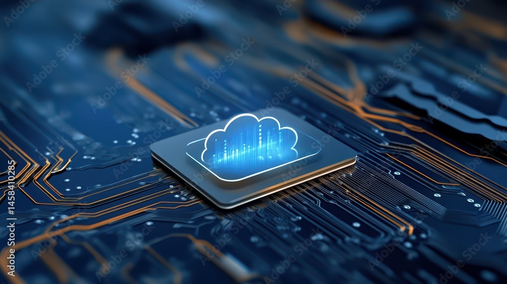 Poster cloud computing icon on circuitry, a symbol of modern digital technology and data storage