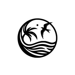 Tropical Escape Logo: Circle with Palm, Bird, and Waves, Black on White