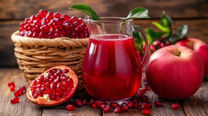 Healthy breakfast with pomegranate juice apples and seeds in rustic wooden table food arrangement photo