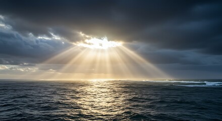 Sun Rays Shining Through Clouds Over the Ocean