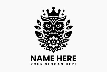 Vintage owl illustration with royal crown and ornamental leaves in elegant symmetrical composition, reflecting wisdom, tradition, and noble forest symbolism  