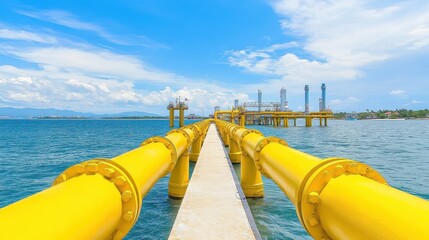 Vibrant yellow pipe floating on calm water, industrial infrastructure or drainage system?