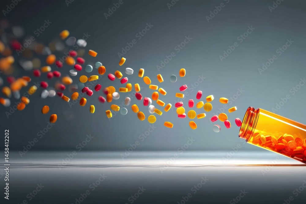 Poster pill bottle falls with tablets spilling in slow motion against a gradient background during a dramat